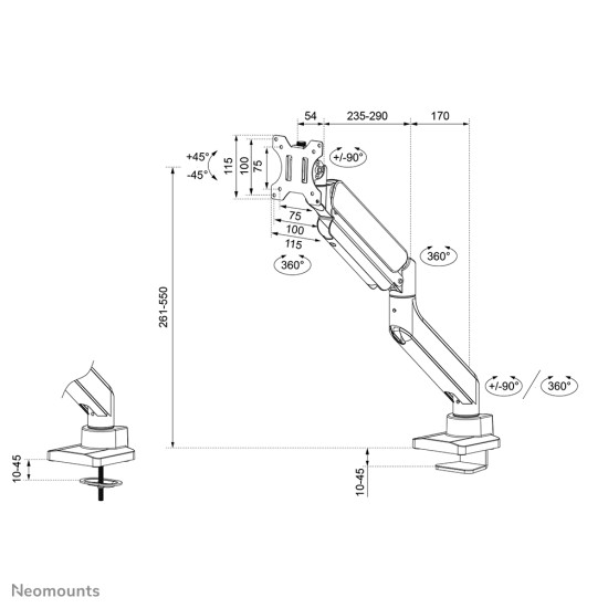 Neomounts DS70PLUS-450BL1 Monitor arm 17-49" - gas spring - Topfix - 180°-stop Neomounts DS70PLUS-450BL1 Monitor arm 17-49" - gas spring - Topfix - 180°-stop