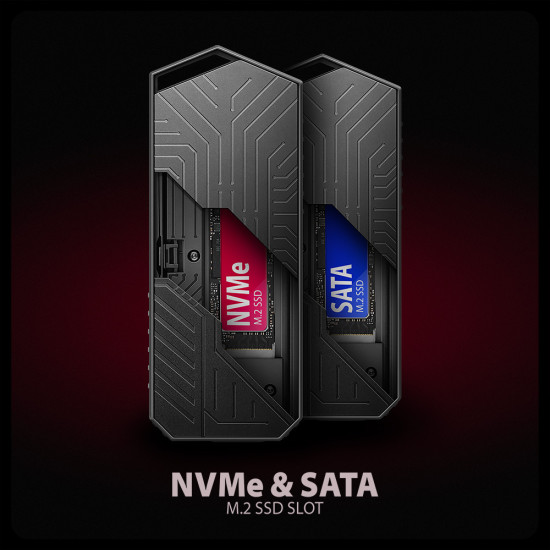 Axagon EEM2-GAM, USB-C 10Gbps - NVMe & SATA SSD GAME M.2 box, bezšroubkový SSD enclosure Black Axagon EEM2-GAM, USB-C 10Gbps - NVMe & SATA SSD GAME M.2 box, bezšroubkový SSD enclosure Black