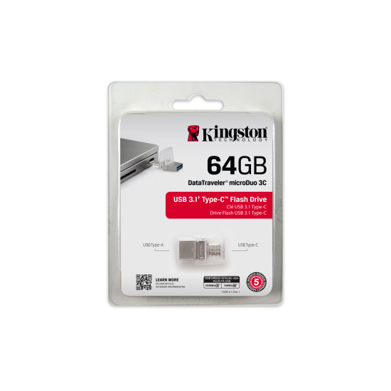 Kingston Technology DataTraveler microDuo 3C 64GB USB flash drive USB Type-A / USB Type-C 3.2 Gen 1 (3.1 Gen 1) Black