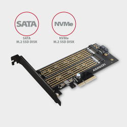 AXAGON PCEM2-D PCI-E 3.0 4x - DUAL M.2 SSD (NVMe + SATA), dual voltage, up to 110mm SSD