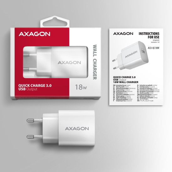 MOBILE CHARGER WALL USB 18W/1PORT WHITE ACU-QC18W AXAGON MOBILE CHARGER WALL USB 18W/1PORT WHITE ACU-QC18W AXAGON