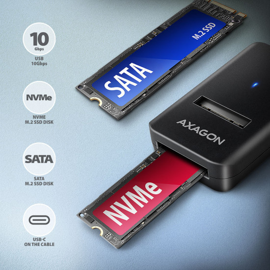 Axagon ADM2-CM USB-C 10Gbps - M.2 NVMe & SATA SSD adapter, 10cm USB-C cable Axagon ADM2-CM USB-C 10Gbps - M.2 NVMe & SATA SSD adapter, 10cm USB-C cable