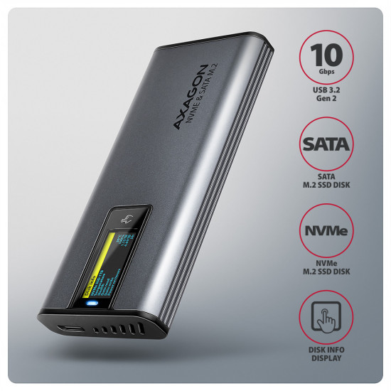 AXAGON EEM2-SD2 USB-C 3.2 Gen 2 - M.2 NVMe / SATA SSD 30-80mm ALU box grey, LCD display AXAGON EEM2-SD2 USB-C 3.2 Gen 2 - M.2 NVMe / SATA SSD 30-80mm ALU box grey, LCD display