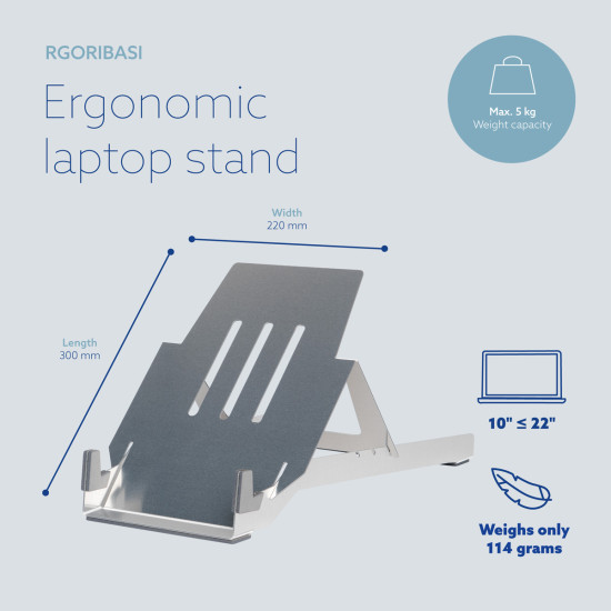 Laptop holder R-Go Riser Basic, foldable and adjustable laptop riser, aluminum, silver