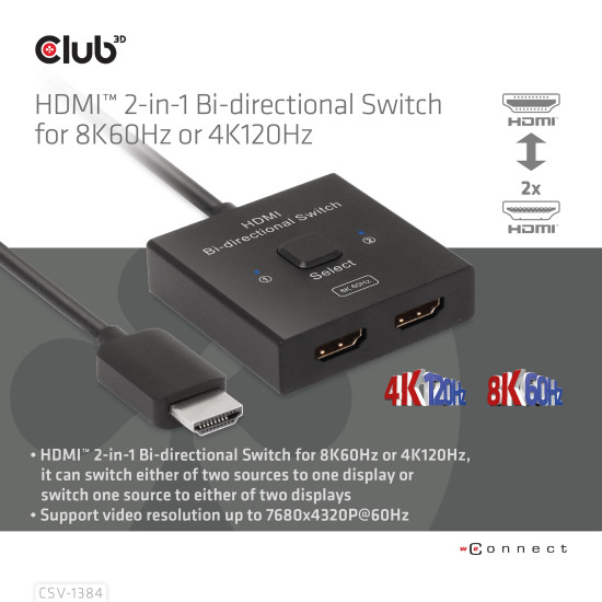 CLUB3D HDMI 2-in-1 Bi-directional Switch for 8K60Hz or 4K120Hz CLUB3D HDMI 2-in-1 Bi-directional Switch for 8K60Hz or 4K120Hz