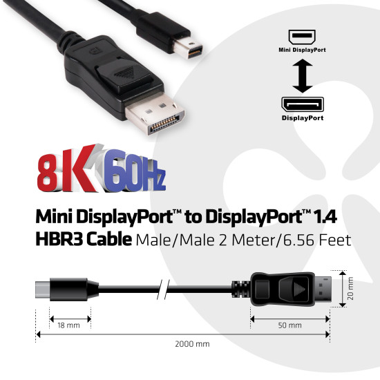 CLUB3D Mini DisplayPort to DisplayPort 1.4 HBR3 8K60Hz Cable, 2 Meter / 6.56 Feet CLUB3D Mini DisplayPort to DisplayPort 1.4 HBR3 8K60Hz Cable, 2 Meter / 6.56 Feet