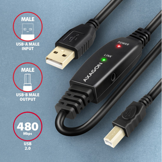 CABLE USB2.0 A-M/B-M ACTIVE/10M ADR-210B AXAGON CABLE USB2.0 A-M/B-M ACTIVE/10M ADR-210B AXAGON