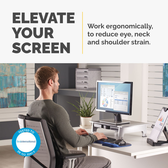 Fellowes Computer Monitor Stand with 5 Height Adjustments - Office Suites Monitor Riser with Storage Tray - Ergonomic Adjustable Monitor Stand for Computers - Max Weight 36KG/Max Size 28" - Graphite Fellowes Computer Monitor Stand with 5 Height Adjustments - Office Suites Monitor Riser with Storage Tray - Ergonomic Adjustable Monitor Stand for Computers - Max Weight 36KG/Max Size 28" - Graphite