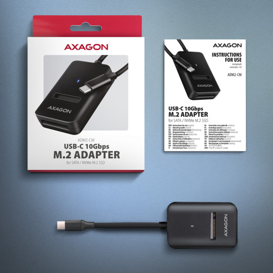 Axagon ADM2-CM USB-C 10Gbps - M.2 NVMe & SATA SSD adapter, 10cm USB-C cable Axagon ADM2-CM USB-C 10Gbps - M.2 NVMe & SATA SSD adapter, 10cm USB-C cable