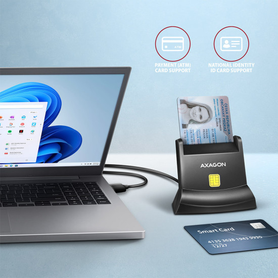 Universal desktop USB contact Smart/ID card reader with long USB-A cable. Suitable for the eObanka application. Universal desktop USB contact Smart/ID card reader with long USB-A cable. Suitable for the eObanka application.