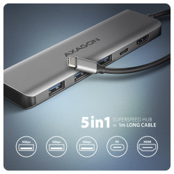 AXAGON HMC-5H USB-C 3.2 Gen 1 hub, 3x USB-A, 4K HDMI, PD 100W, 100cm USB-C cable