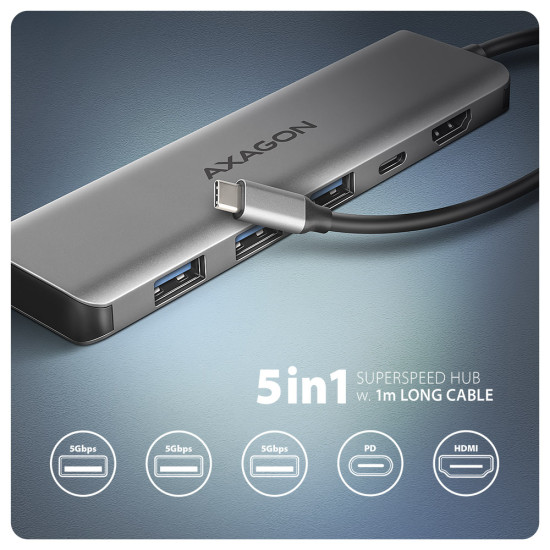HMC-5H USB-C 3.2 Gen 1 hub 3x USB-A 4K HDMI PD 100W - Silber