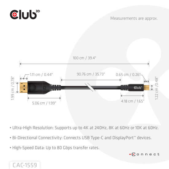CLUB3D USB Type C Cable to DP 2.1 Bi-Directional VESA DP80 Certified Cable M/M 1m/3.28ft CLUB3D USB Type C Cable to DP 2.1 Bi-Directional VESA DP80 Certified Cable M/M 1m/3.28ft