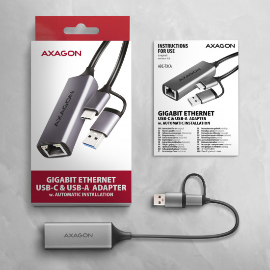 Axagon ADE-TXCA Gigabit Ethernet Adapter USB-C+ USB-A - titangrau - Adapter - Digital/Daten 1000 Mbit/s Axagon ADE-TXCA Gigabit Ethernet Adapter USB-C+ USB-A - titangrau - Adapter - Digital/Daten 1000 Mbit/s