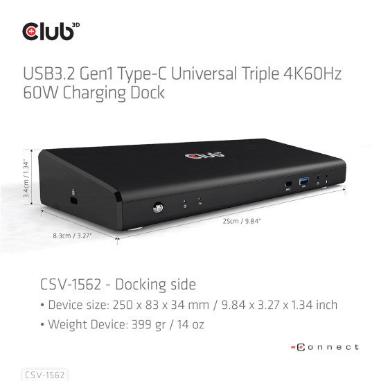 The CSV-1562 is an USB3.2 Gen1 Type-C Universal Triple 4K30Hz Charging Docking Station and is DisplayLink® Certified. The Universal Charging Dock