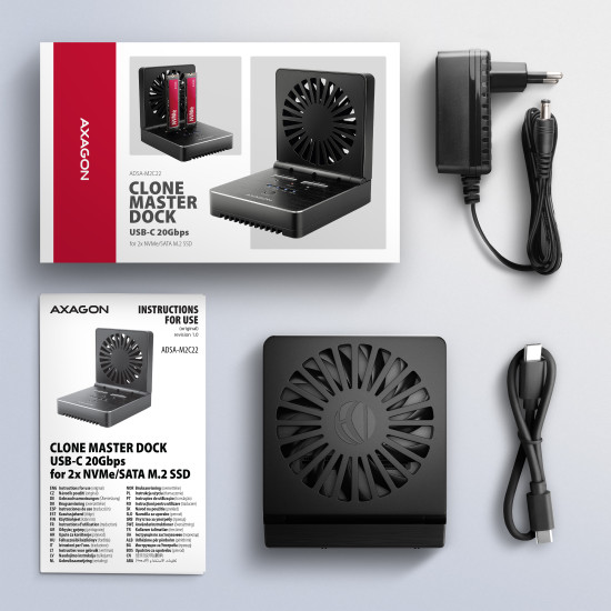 AXAGON ADSA-M2C22 USB-C 20Gbps Dual M.2 NVMe & SATA SSD Docking and Cloning Station