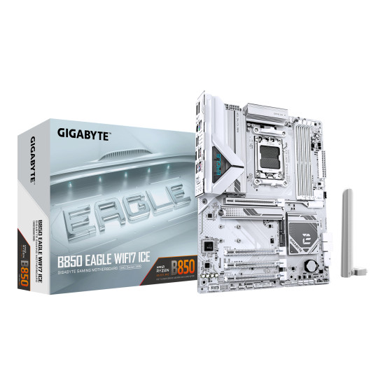 GIGABYTE B850 EAGLE WIFI7 ICE Motherboard - AMD Ryzen 9000 Series CPUs, 8+2+2 Phases Digital VRM, up to 8200MHz DDR5 (OC), 1xPCIe 5.0 + 2xPCIe 4.0 M.2, WIFI 7, 2.5 GbE LAN, USB 3.2 Gen 2 GIGABYTE B850 EAGLE WIFI7 ICE Motherboard - AMD Ryzen 9000 Series CPUs, 8+2+2 Phases Digital VRM, up to 8200MHz DDR5 (OC), 1xPCIe 5.0 + 2xPCIe 4.0 M.2, WIFI 7, 2.5 GbE LAN, USB 3.2 Gen 2