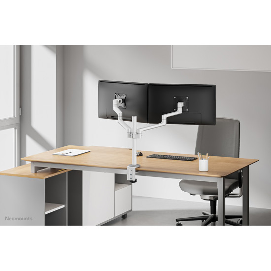 NEOMOUNTS SCREEN DESK MOUNT FOR TWO MONITORS, WHITE (CLAMP+GROMMET)