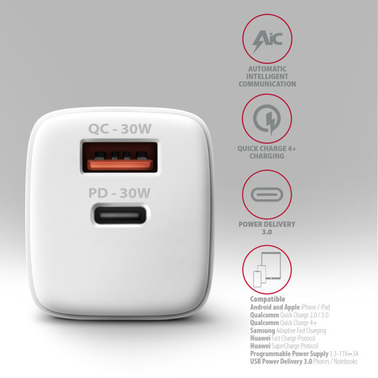 Axagon ACU-PQ30W Ladegerät QC3.0.4.0/AFC/FCP/PPS/Apple+ PD USB-C 30W - weiß - USB Typ C Mobile phone, Smartphone, Smartwatch, Tablet, Universal White AC Fast charging Indoor Axagon ACU-PQ30W Ladegerät QC3.0.4.0/AFC/FCP/PPS/Apple+ PD USB-C 30W - weiß - USB Typ C Mobile phone, Smartphone, Smartwatch, Tablet, Universal White AC Fast charging Indoor