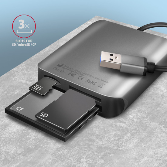 Axagon CRE-S3 External USB-A 3.2 Gen 1 3-slot & lun SD/microSD/CF card reader USB 3.2 Gen 1 (3.1 Gen 1) Type-A Grey Axagon CRE-S3 External USB-A 3.2 Gen 1 3-slot & lun SD/microSD/CF card reader USB 3.2 Gen 1 (3.1 Gen 1) Type-A Grey