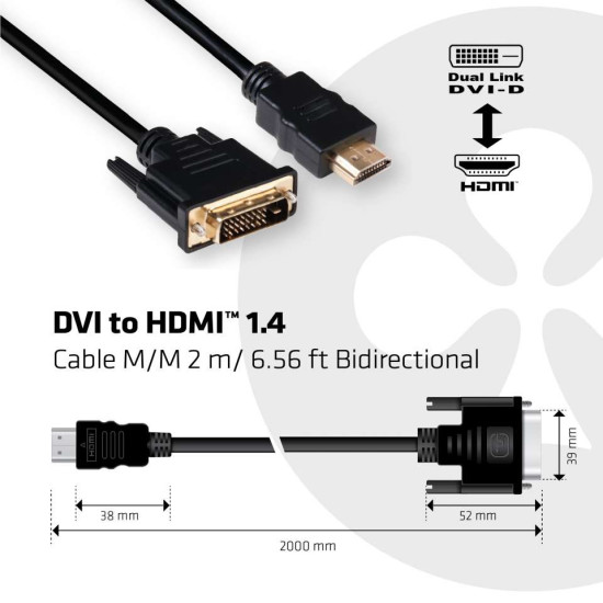 CLUB3D DVI to HDMI 1.4 Cable M/M 2m/ 6.56ft Bidirectional CLUB3D DVI to HDMI 1.4 Cable M/M 2m/ 6.56ft Bidirectional