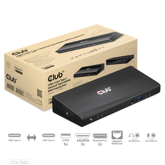 The CSV-1562 is an USB3.2 Gen1 Type-C Universal Triple 4K30Hz Charging Docking Station and is DisplayLink® Certified. The Universal Charging Dock