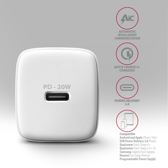 MOBILE CHARGER WALL USB-C 20W/1PORT WHITE ACU-PD20W AXAGON MOBILE CHARGER WALL USB-C 20W/1PORT WHITE ACU-PD20W AXAGON
