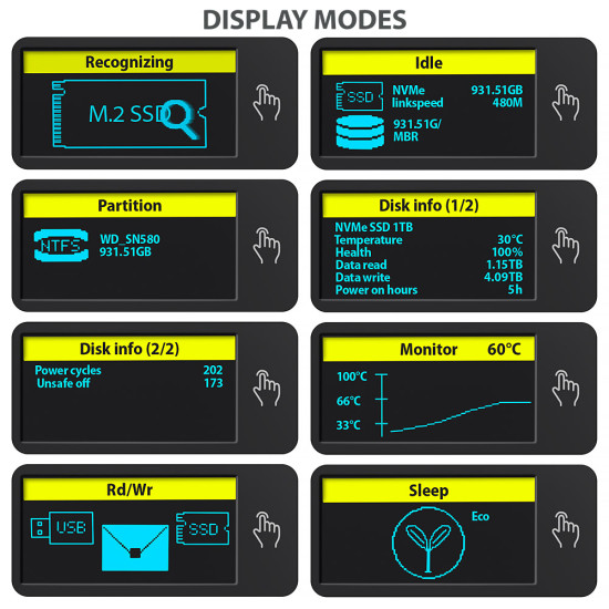 AXAGON EEM2-SD2 USB-C 3.2 Gen 2 - M.2 NVMe / SATA SSD 30-80mm ALU box grey, LCD display AXAGON EEM2-SD2 USB-C 3.2 Gen 2 - M.2 NVMe / SATA SSD 30-80mm ALU box grey, LCD display
