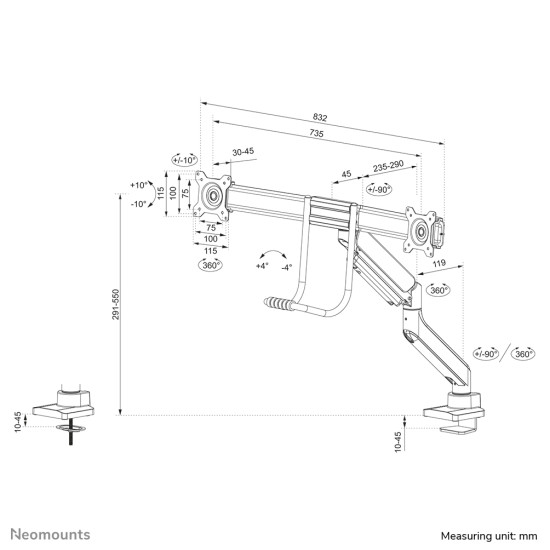 Neomounts DS75-450WH2 Monitor arm 17-32" - gas spring - Topfix - 180°-stop