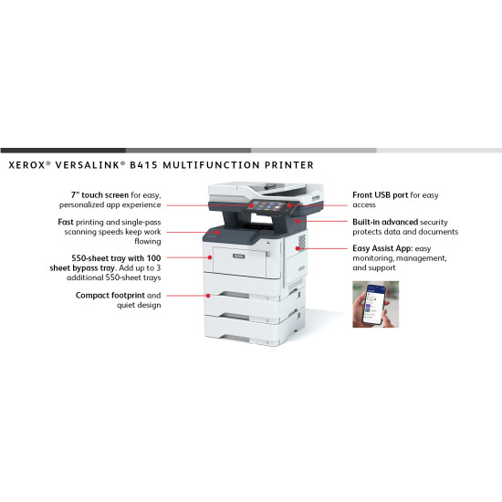 Xerox VersaLink B415 A4 47ppm Duplex Copy/Print/Scan/Fax PS3 PCL5e/6 2 Trays Total 650 Sheets Xerox VersaLink B415 A4 47ppm Duplex Copy/Print/Scan/Fax PS3 PCL5e/6 2 Trays Total 650 Sheets