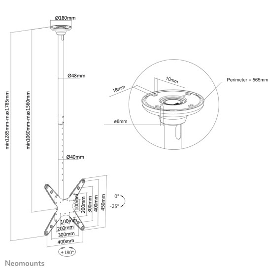 NEWSTAR FLAT SCREEN CEILING MOUNT (HEIGHT: 106-156 CM) 32-75” BLACK