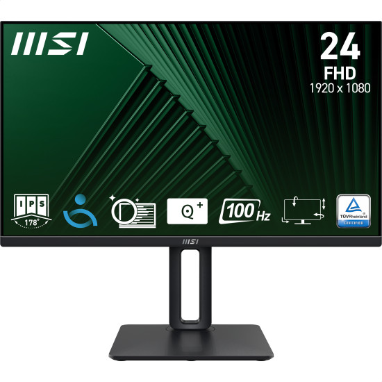 MSI Pro MP245PG 24 Inch Monitor, FHD (1920 x 1080), 100Hz, IPS, 1ms, 1x HDMI 1.4b, 1x DP 1.2a output, 1x D-Sub(VGA), Built-in Speakers, Anti-Glare, Anti-Flicker, Less Blue light, TÜV Certified, VESA, Kensington, 4-way adjustable stand, Black MSI Pro MP245PG 24 Inch Monitor, FHD (1920 x 1080), 100Hz, IPS, 1ms, 1x HDMI 1.4b, 1x DP 1.2a output, 1x D-Sub(VGA), Built-in Speakers, Anti-Glare, Anti-Flicker, Less Blue light, TÜV Certified, VESA, Kensington, 4-way adjustable stand, Black