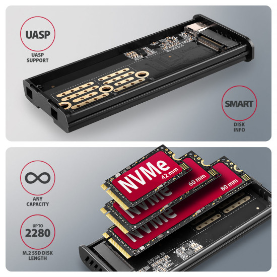 AXAGON EEM2-SD2 USB-C 3.2 Gen 2 - M.2 NVMe / SATA SSD 30-80mm ALU box grey, LCD display AXAGON EEM2-SD2 USB-C 3.2 Gen 2 - M.2 NVMe / SATA SSD 30-80mm ALU box grey, LCD display