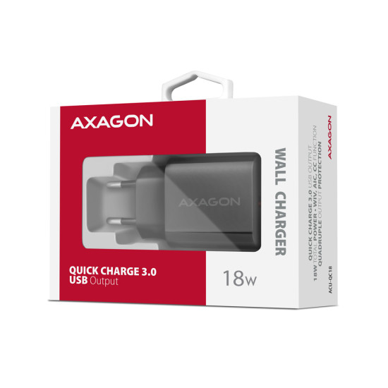 Axagon ACU-QC18 kroviklis jungiama tinkl QC 18W, 1x port USB-A, QC3.0/AFC/FCP/SMART Juoda Mobile phone, Power bank, Smartphone, Smartwatch, Tablet, Universal Black AC Fast charging Indoor Axagon ACU-QC18 kroviklis jungiama tinkl QC 18W, 1x port USB-A, QC3.0/AFC/FCP/SMART Juoda Mobile phone, Power bank, Smartphone, Smartwatch, Tablet, Universal Black AC Fast charging Indoor