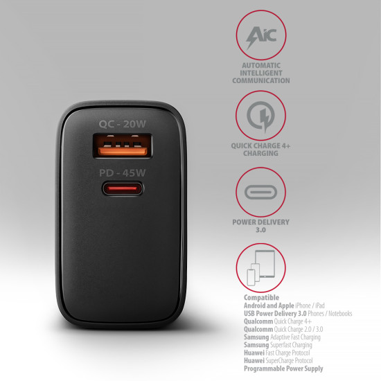 Axagon ACU-PQ45 QC 3.0, 4.0/AFC/FCP/PPS/PD, 45W, schwarz - Netzladegerät mit USB-A und USB-C Schnittstelle Mobile phone, Smartphone, Smartwatch, Tablet, Universal Black AC Fast charging Indoor Axagon ACU-PQ45 QC 3.0, 4.0/AFC/FCP/PPS/PD, 45W, schwarz - Netzladegerät mit USB-A und USB-C Schnittstelle Mobile phone, Smartphone, Smartwatch, Tablet, Universal Black AC Fast charging Indoor