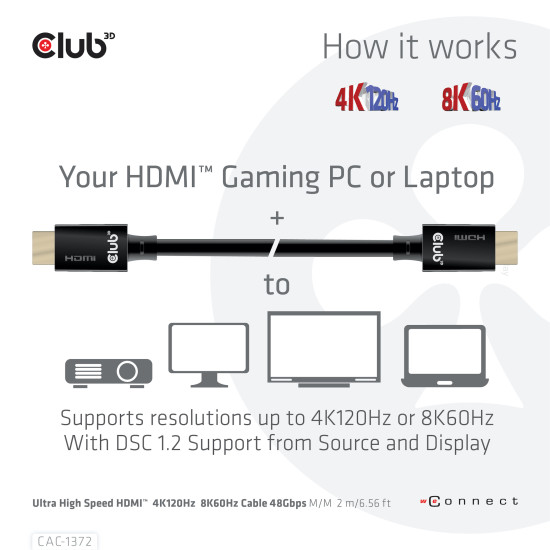 CLUB3D Ultra High Speed HDMI 4K120Hz, 8K60Hz Certified Cable 48Gbps M/M 2 m / 6.56 ft CLUB3D Ultra High Speed HDMI 4K120Hz, 8K60Hz Certified Cable 48Gbps M/M 2 m / 6.56 ft