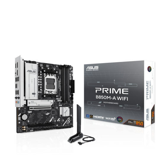 Mainboard|ASUS|AMD B850|SAM5|Micro-ATX|Memory DDR5|Memory slots 4|1xPCI-Express 4.0 16x|1xPCI-Express 5.0 16x|3xM.2|1xHDMI|2xDisplayPort|4xUSB 2.0|4xUSB 3.2|1xRJ45|3xAudio port|PRIMEB850M-AWIFI Mainboard|ASUS|AMD B850|SAM5|Micro-ATX|Memory DDR5|Memory slots 4|1xPCI-Express 4.0 16x|1xPCI-Express 5.0 16x|3xM.2|1xHDMI|2xDisplayPort|4xUSB 2.0|4xUSB 3.2|1xRJ45|3xAudio port|PRIMEB850M-AWIFI