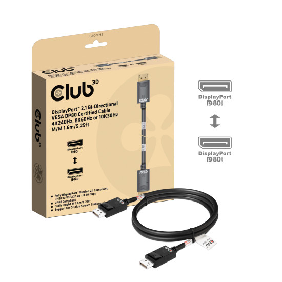 DisplayPort™ 2.1 Bi-Directional VESA DP80 Certified Cable 4K240Hz, 8K60Hz or 10K60Hz M/M 1.6m/5.25ft DisplayPort™ 2.1 Bi-Directional VESA DP80 Certified Cable 4K240Hz, 8K60Hz or 10K60Hz M/M 1.6m/5.25ft
