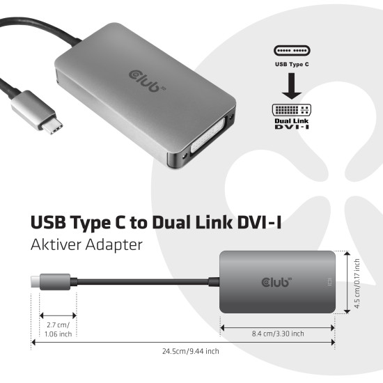 CLUB3D USB3.2 Gen1 Type-C to Dual Link DVI-D HDCP ON version Active Adapter M/F CLUB3D USB3.2 Gen1 Type-C to Dual Link DVI-D HDCP ON version Active Adapter M/F