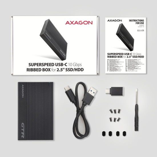 Axagon EE25-GTR USB-C 3.2 Gen 2 - SATA 6G 2.5\" externes Festplattengehäuse geriffelt HDD/SSD enclosure Black 2.5" Axagon EE25-GTR USB-C 3.2 Gen 2 - SATA 6G 2.5\" externes Festplattengehäuse geriffelt HDD/SSD enclosure Black 2.5"