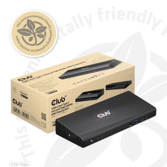 The CSV-1562 is an USB3.2 Gen1 Type-C Universal Triple 4K30Hz Charging Docking Station and is DisplayLink® Certified. The Universal Charging Dock