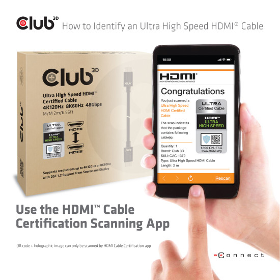 CLUB3D Ultra High Speed HDMI 4K120Hz, 8K60Hz Cable 48Gbps M/M 3 m/ 9.84ft CLUB3D Ultra High Speed HDMI 4K120Hz, 8K60Hz Cable 48Gbps M/M 3 m/ 9.84ft
