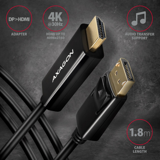 Axagon RVD-HI14C2 video cable adapter 1.8 m HDMI Type A (Standard) DisplayPort Black Axagon RVD-HI14C2 video cable adapter 1.8 m HDMI Type A (Standard) DisplayPort Black