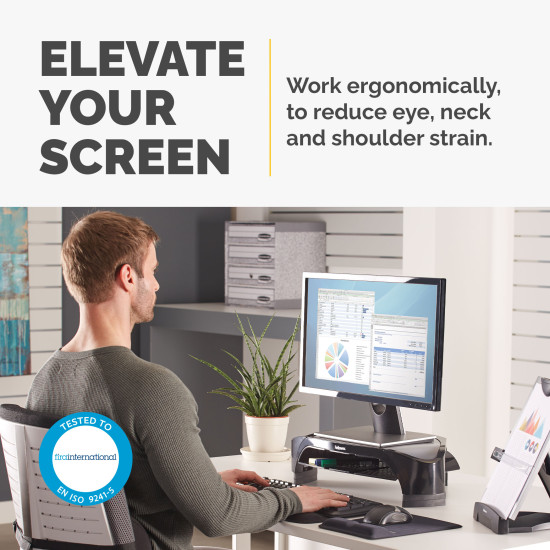 Fellowes Computer Monitor Stand with 3 Height Adjustments - Smart Suites Monitor Riser Plus with Storage Area - Ergonomic Adjustable Monitor Stand for Computers - Max Weight 10KG/Max Size 21" - Black Fellowes Computer Monitor Stand with 3 Height Adjustments - Smart Suites Monitor Riser Plus with Storage Area - Ergonomic Adjustable Monitor Stand for Computers - Max Weight 10KG/Max Size 21" - Black