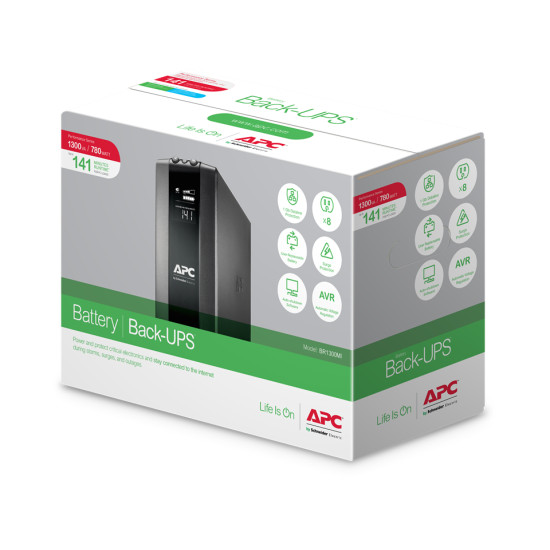 Back-UPS Pro, 1300VA/780W, Tower, 230V, 8x IEC C13 outlets, AVR, LCD, User Replaceable Battery Back-UPS Pro, 1300VA/780W, Tower, 230V, 8x IEC C13 outlets, AVR, LCD, User Replaceable Battery