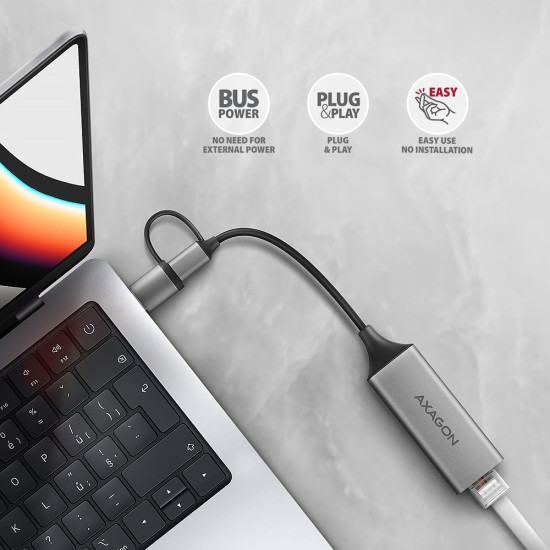 Axagon ADE-TXCA Gigabit Ethernet Adapter USB-C+ USB-A - titangrau - Adapter - Digital/Daten 1000 Mbit/s Axagon ADE-TXCA Gigabit Ethernet Adapter USB-C+ USB-A - titangrau - Adapter - Digital/Daten 1000 Mbit/s