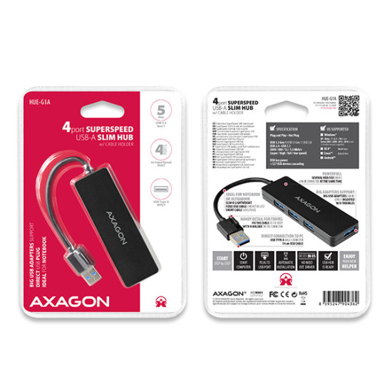 AXAGON HUE-G1A 4x USB3.0 Superspeed SLIM USB hub w. 14cm Type-A cable AXAGON HUE-G1A 4x USB3.0 Superspeed SLIM USB hub w. 14cm Type-A cable