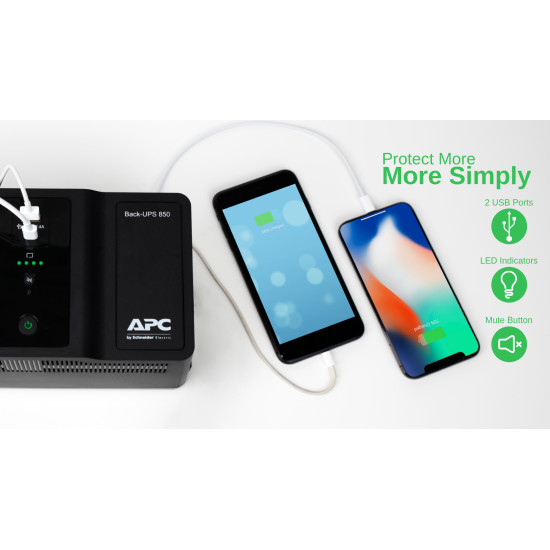 APC Back-UPS BE850G2-GR - Emergency power supply 8x socket, 850VA, 2 USB chargers, 1 USB data port APC Back-UPS BE850G2-GR - Emergency power supply 8x socket, 850VA, 2 USB chargers, 1 USB data port