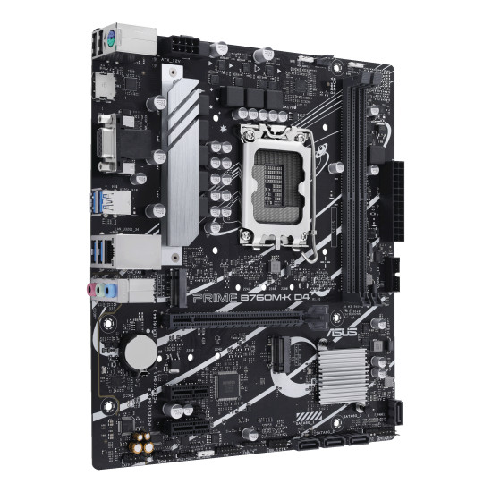 Mainboard|ASUS|Intel B760 Express|LGA1700|Micro-ATX|Memory DDR4|Memory slots 2|2xPCI-Express 4.0 1x|1xPCI-Express 4.0 16x|2xM.2|1x15pin D-sub|1xHDMI|2xUSB 2.0|4xUSB 3.2|1xPS/2|1xRJ45|3xAudio port|PRIMEB760M-KD4 Mainboard|ASUS|Intel B760 Express|LGA1700|Micro-ATX|Memory DDR4|Memory slots 2|2xPCI-Express 4.0 1x|1xPCI-Express 4.0 16x|2xM.2|1x15pin D-sub|1xHDMI|2xUSB 2.0|4xUSB 3.2|1xPS/2|1xRJ45|3xAudio port|PRIMEB760M-KD4