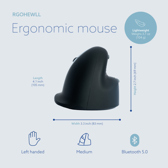 Ergonomic mouse R-Go HE Break with break software, medium (hand size 165-185 mm), left-handed, Bluetooth, black